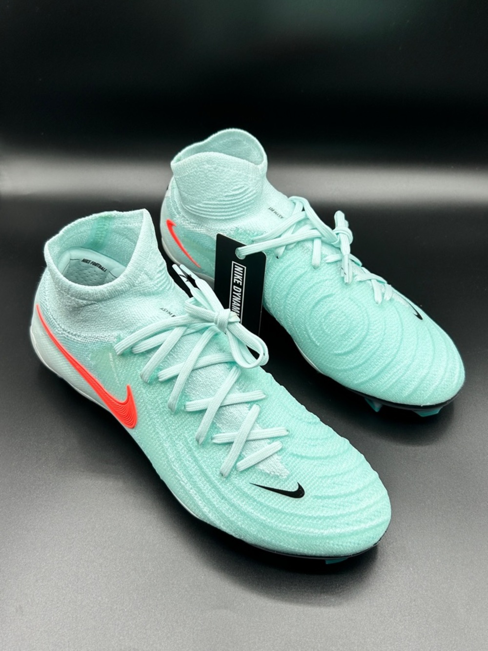 Nike men’s Phantom Luna 2 Elite FG Mint Green Soccer Cleats with Coral Swoosh